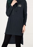 Tesettür giyim GRİ KAPÜŞONLU FİTİLLİ TRİKO TUNİK 58451
