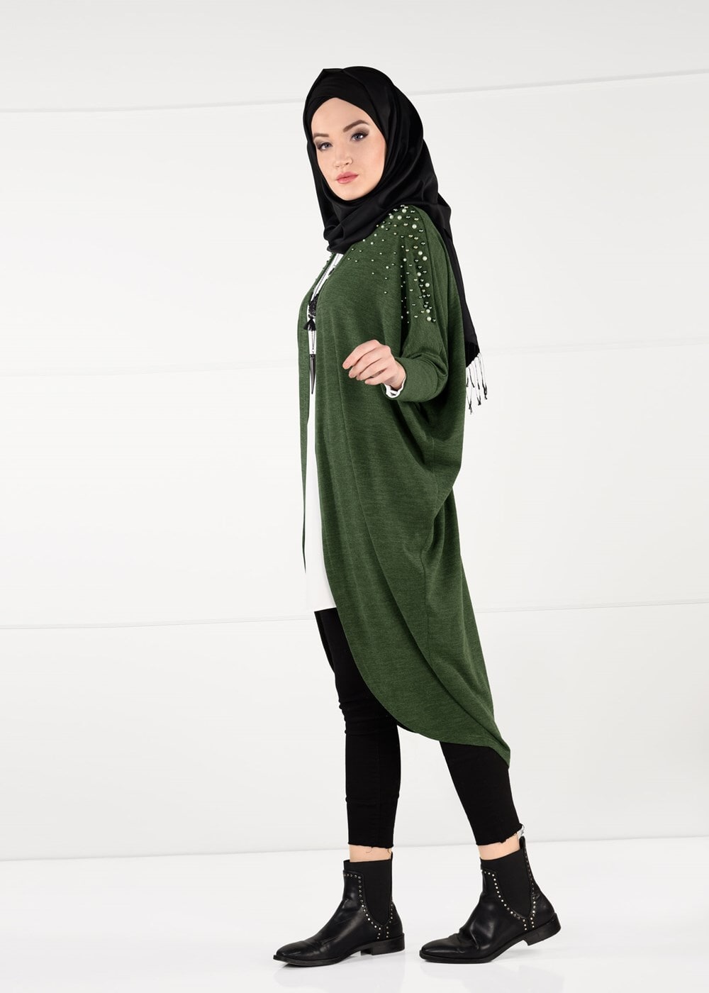 Tesettür giyim HAKİ İNCİ DETAYLI YARASA KOL HIRKA 80651