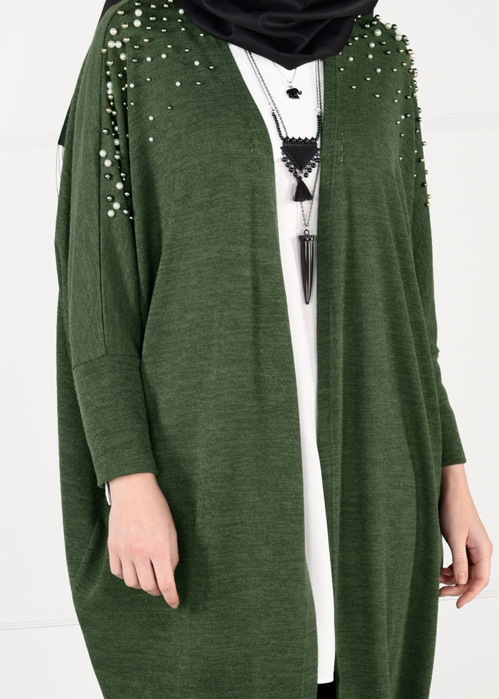 Tesettür giyim HAKİ İNCİ DETAYLI YARASA KOL HIRKA 80651