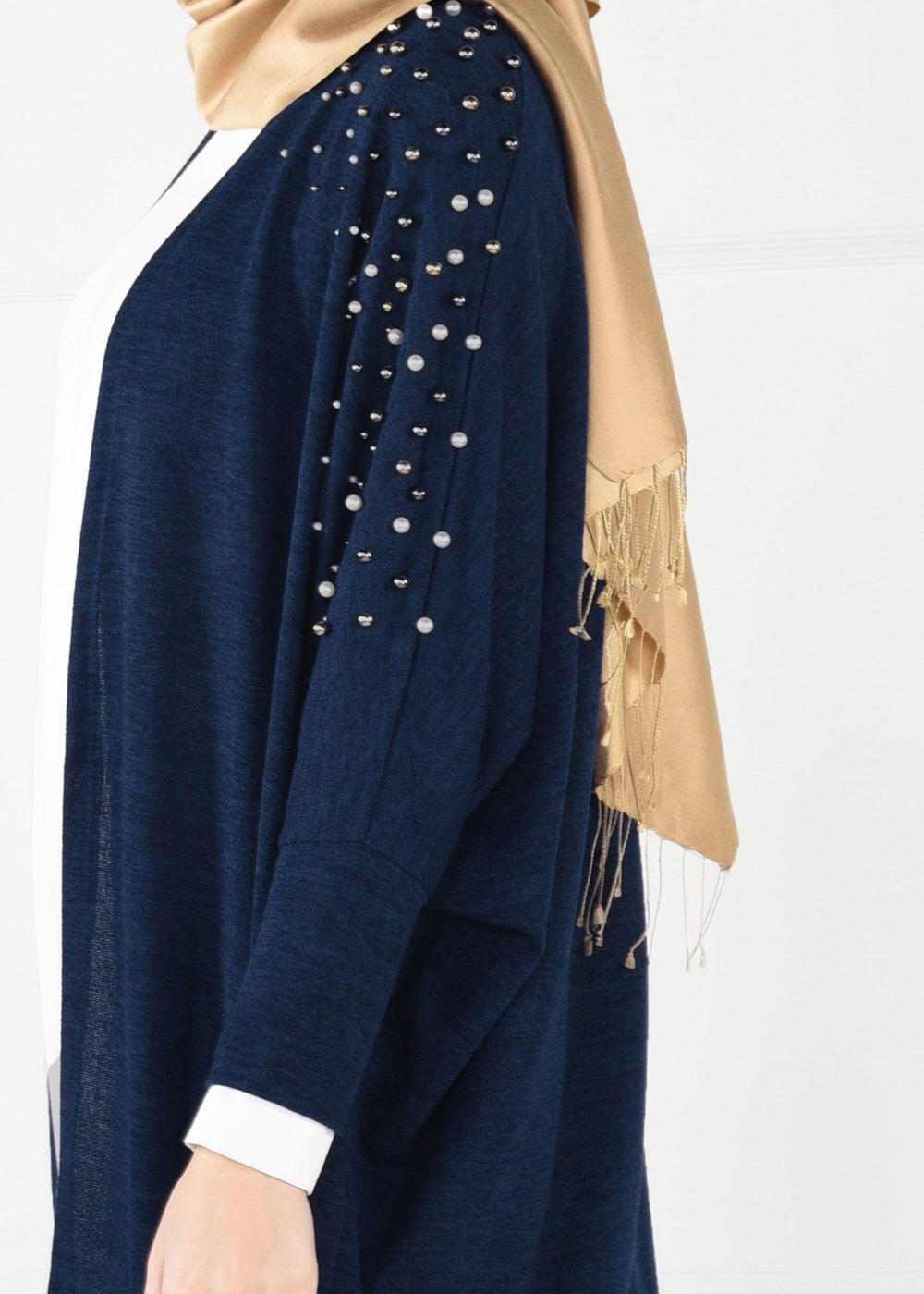 Tesettür giyim LACİVERT İNCİ DETAYLI YARASA KOL HIRKA 80651