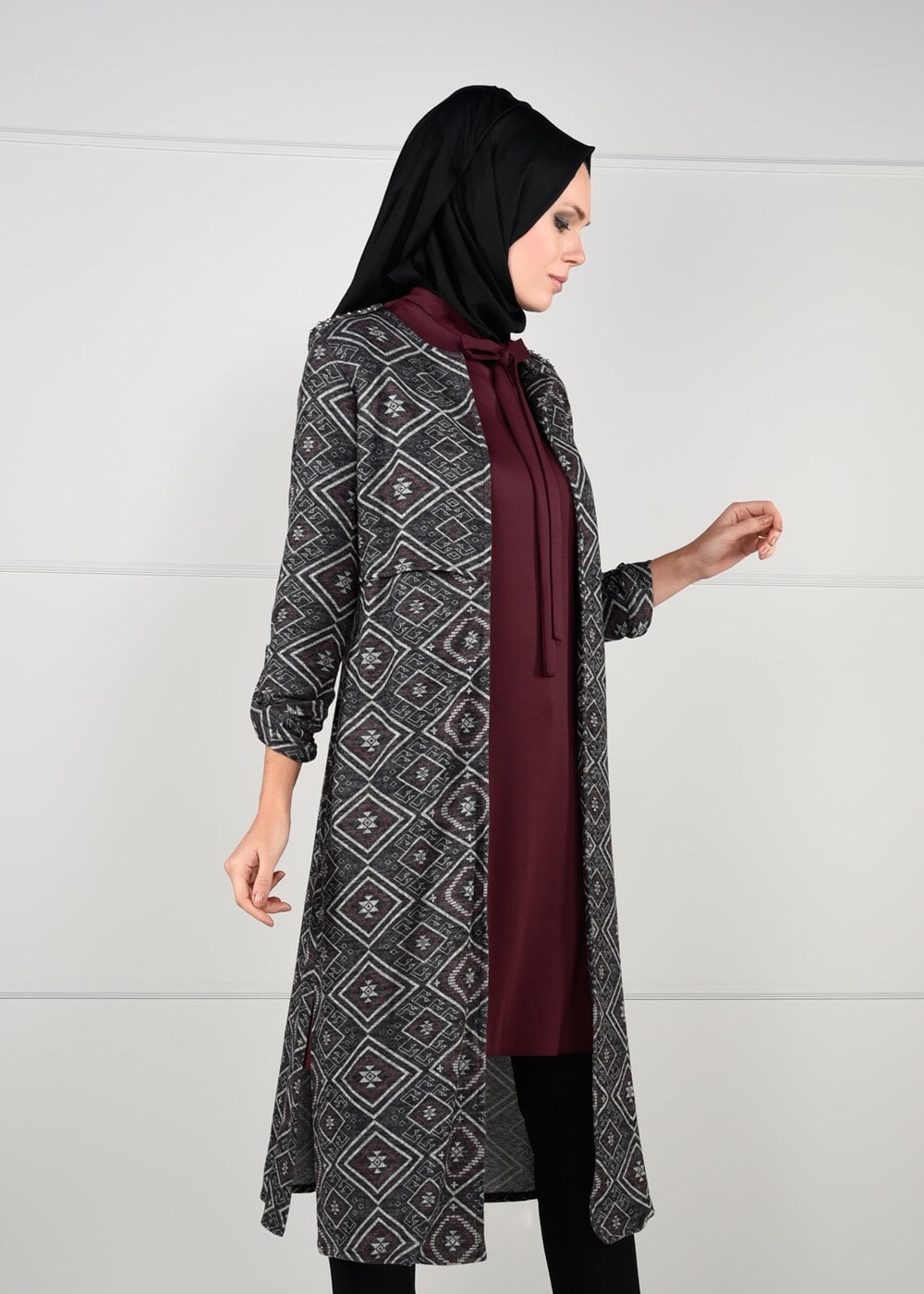 Tesettür giyim GRİ ETNİK DESENLİ 2Lİ TUNİK TAKIM 1657