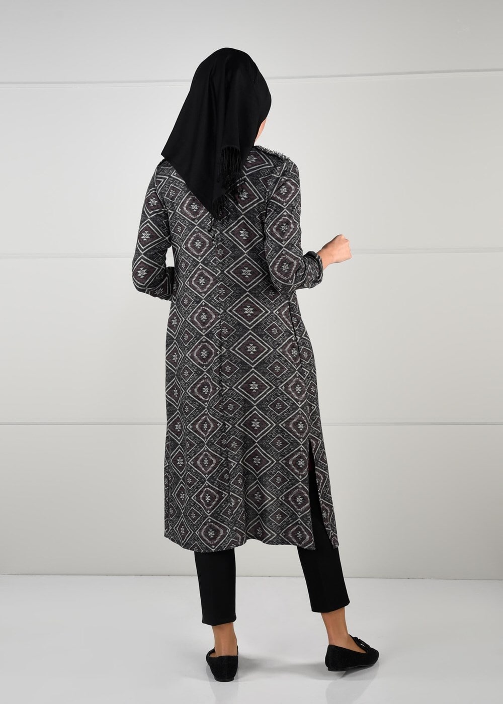 Tesettür giyim GRİ ETNİK DESENLİ 2Lİ TUNİK TAKIM 1657