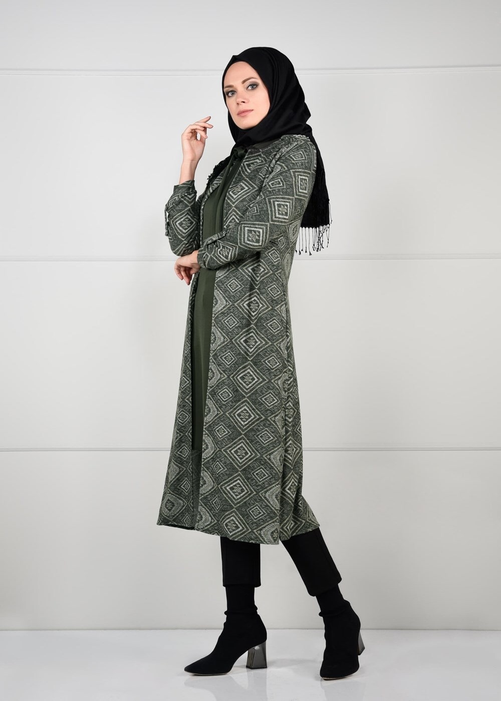 Tesettür giyim HAKİ ETNİK DESENLİ 2Lİ TUNİK TAKIM 1657