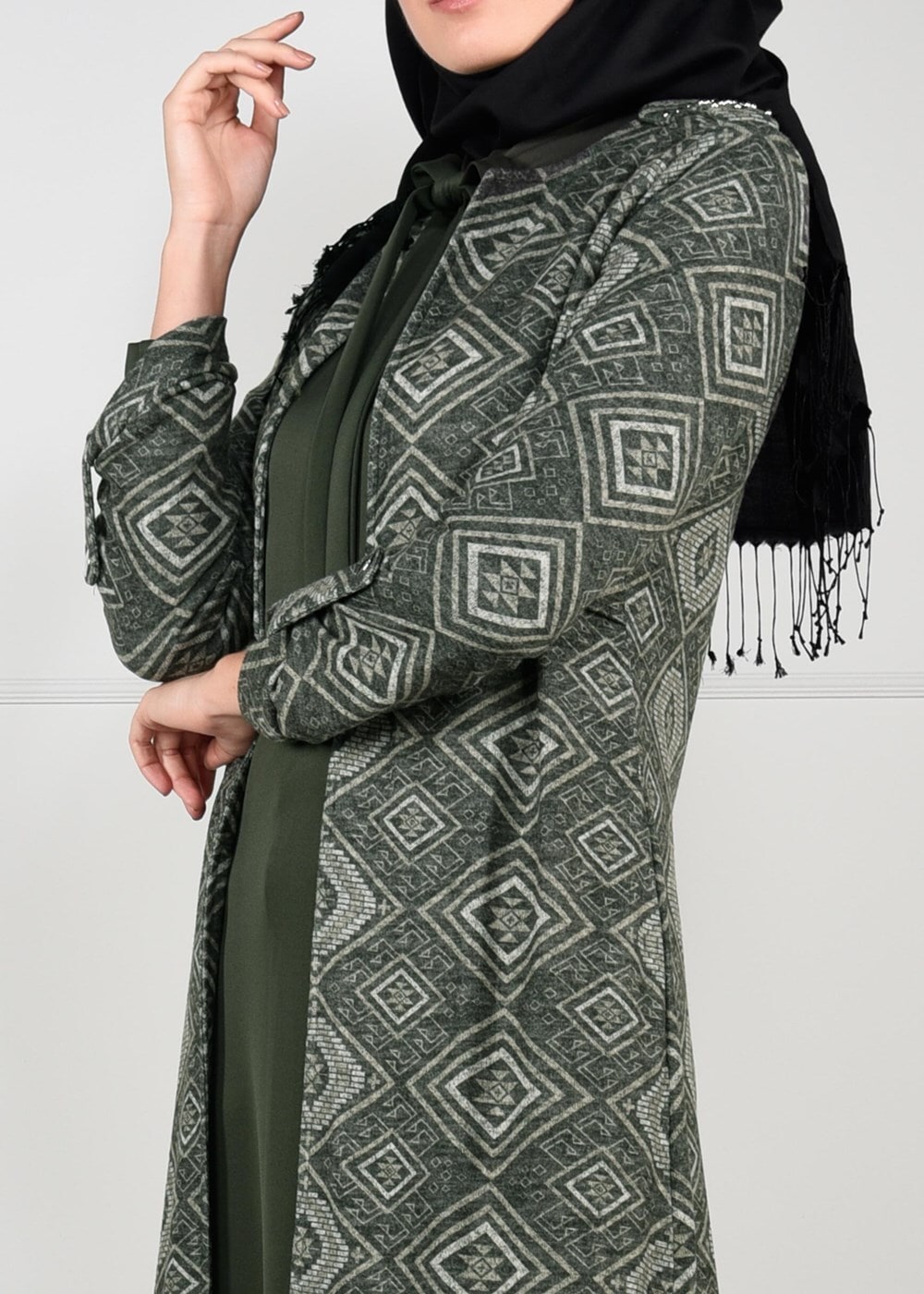 Tesettür giyim HAKİ ETNİK DESENLİ 2Lİ TUNİK TAKIM 1657