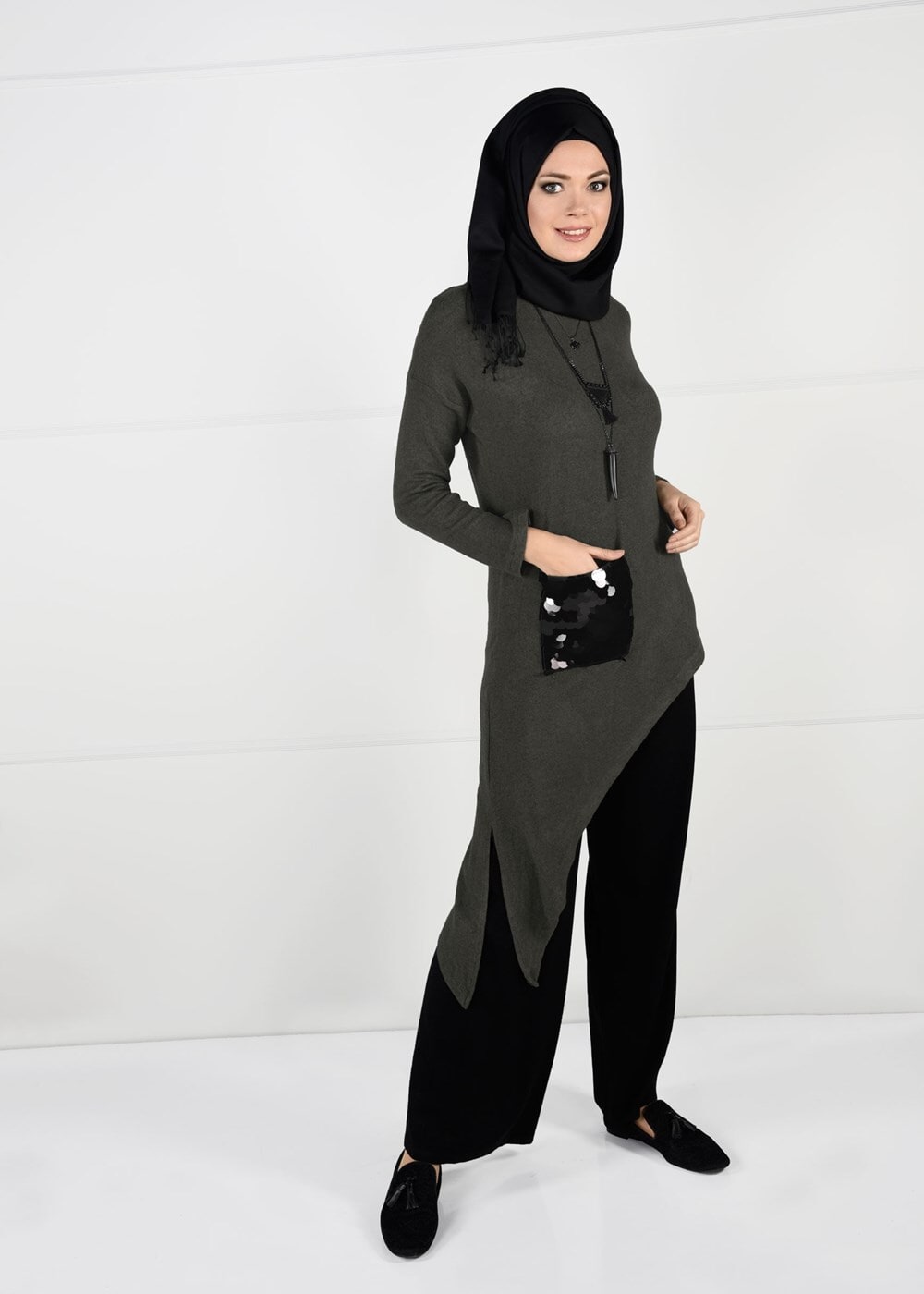 Tesettür giyim HAKİ PAYET DETAYLI ASİMETRİK KESİM TUNİK 2155