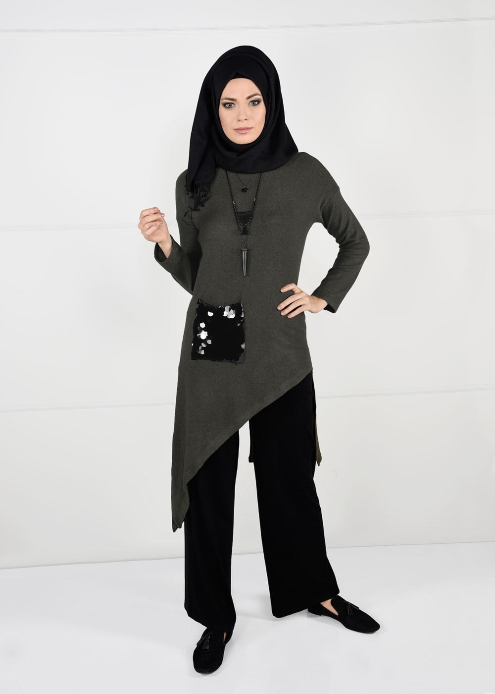Tesettür giyim HAKİ PAYET DETAYLI ASİMETRİK KESİM TUNİK 2155