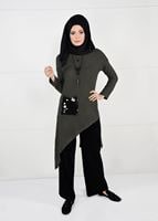 Tesettür giyim HAKİ PAYET DETAYLI ASİMETRİK KESİM TUNİK 2155