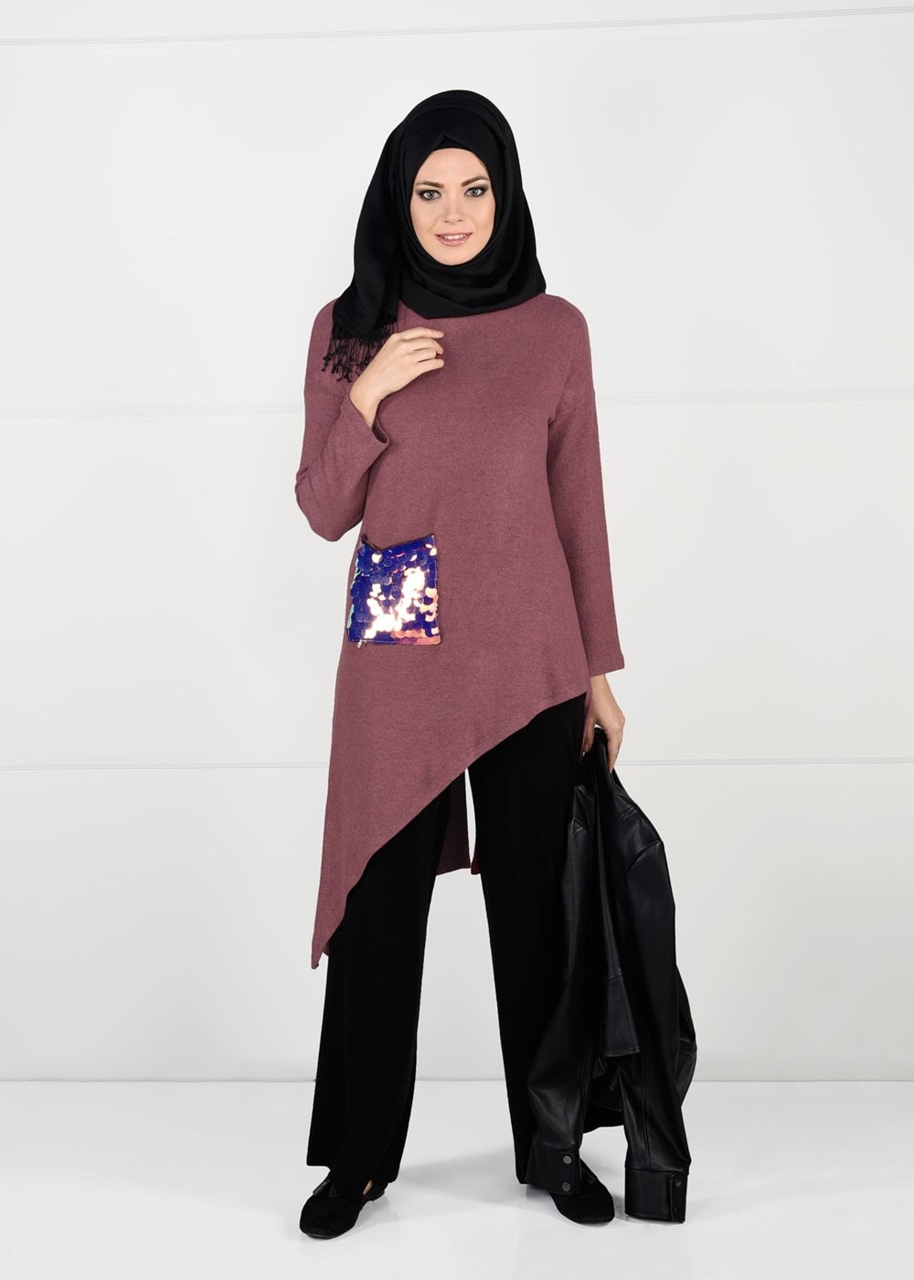 Tesettür giyim YEŞİL PAYET DETAYLI ASİMETRİK KESİM TUNİK 2155