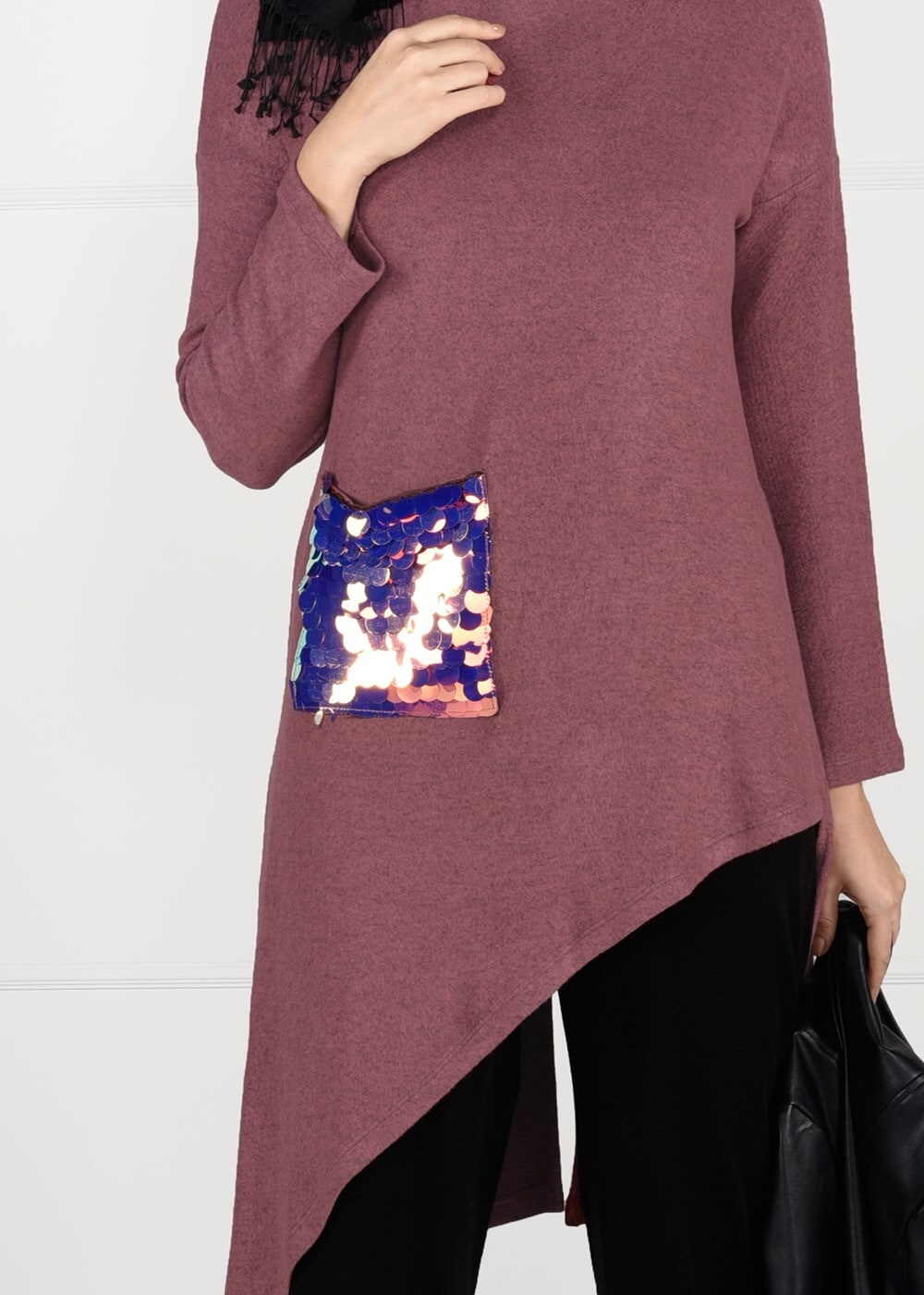 Tesettür giyim YEŞİL PAYET DETAYLI ASİMETRİK KESİM TUNİK 2155