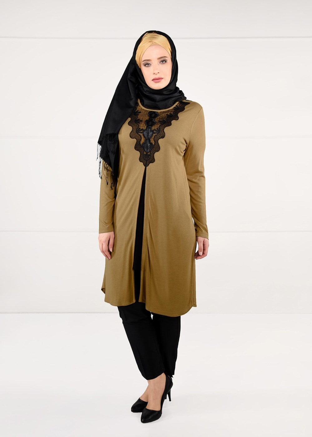 Vêtements hijab ORANGE TUNIQUE FENTE GUIPURE 2611