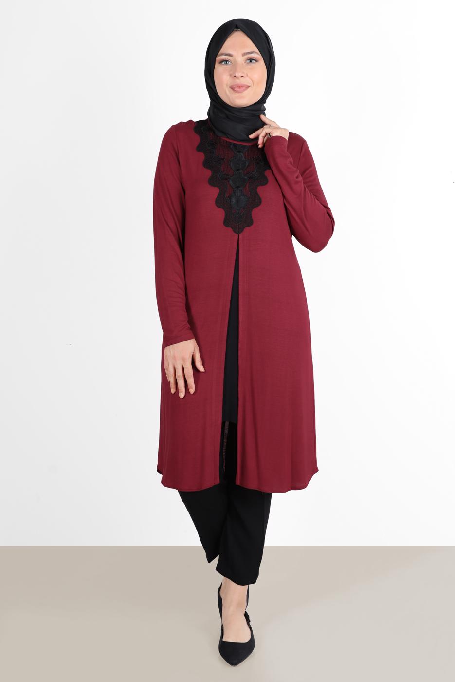 Vêtements hijab ROUGE BORDEAUX TUNIQUE FENTE GUIPURE 2611
