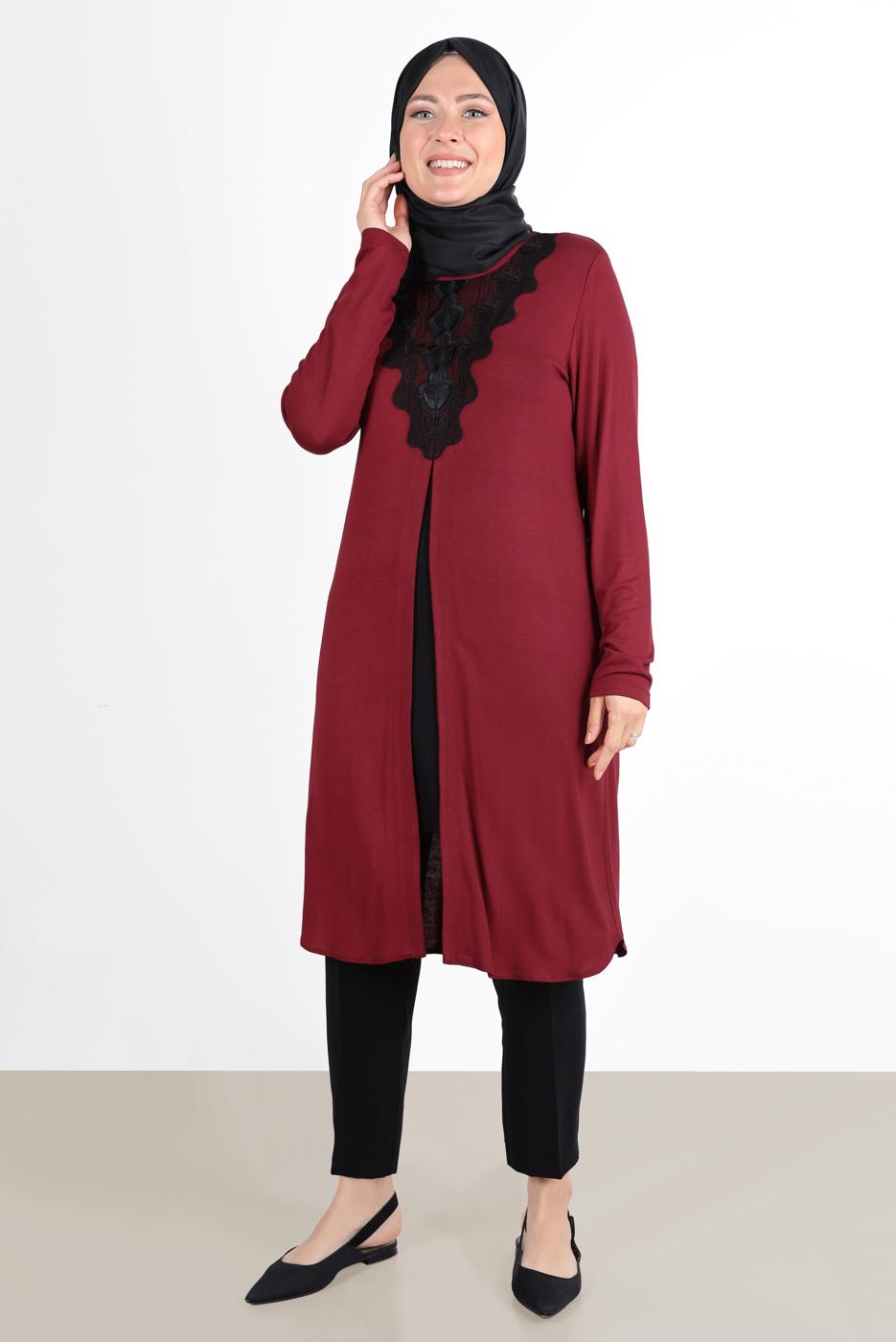 Vêtements hijab ROUGE BORDEAUX TUNIQUE FENTE GUIPURE 2611