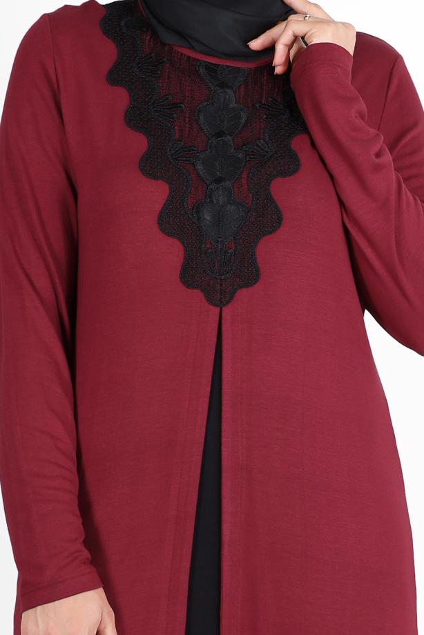 Vêtements hijab ROUGE BORDEAUX TUNIQUE FENTE GUIPURE 2611 - TRENDTESETTÜR