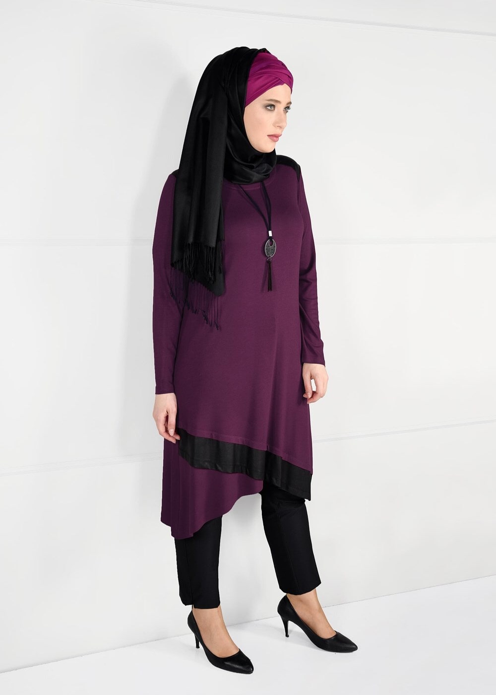 Tesettür giyim MOR ŞERİT DETAYLI DÜZ TUNİK 2613