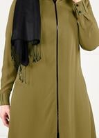 Tesettür giyim YEŞİL MANŞETLERİ KAPÜŞONU NAKIŞ DETAYLI FERMUARLI TUNİK 2622