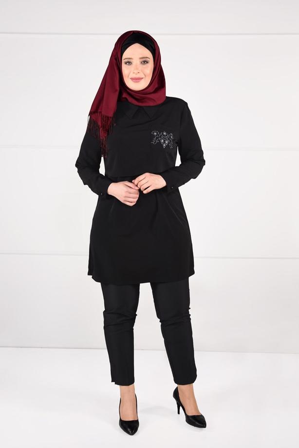 Vêtements hijab NOIR TUNIQUE EN CRÊP À BRODÉE 2624 - TRENDTESETTÜR