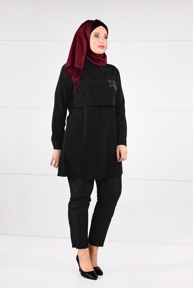 Vêtements hijab NOIR TUNIQUE EN CRÊP À BRODÉE 2624 - TRENDTESETTÜR