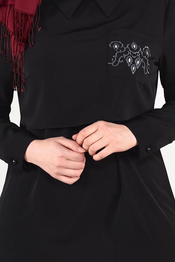 Vêtements hijab NOIR TUNIQUE EN CRÊP À BRODÉE 2624 - TRENDTESETTÜR