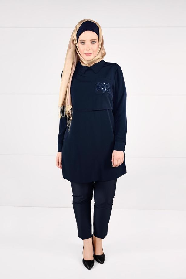 Vêtements hijab BLEU MARINE TUNIQUE EN CRÊP À BRODÉE 2624 - TRENDTESETTÜR