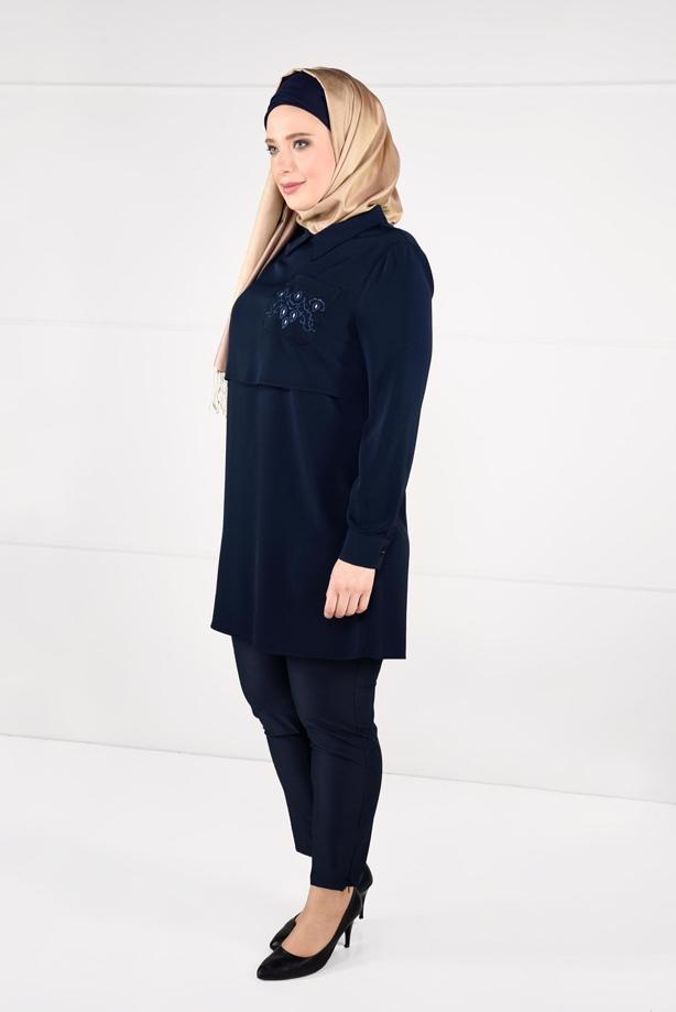 Vêtements hijab BLEU MARINE TUNIQUE EN CRÊP À BRODÉE 2624 - TRENDTESETTÜR