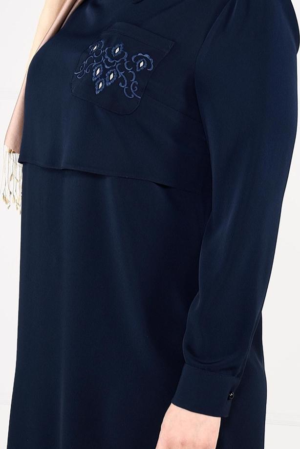 Vêtements hijab BLEU MARINE TUNIQUE EN CRÊP À BRODÉE 2624 - TRENDTESETTÜR