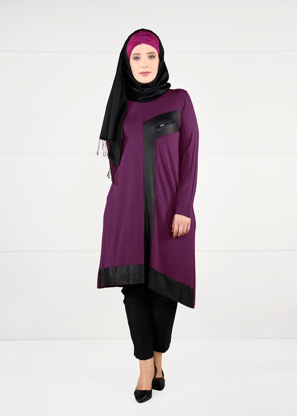 Tesettür giyim MOR ŞERİT DETAYLI TUNİK 2626