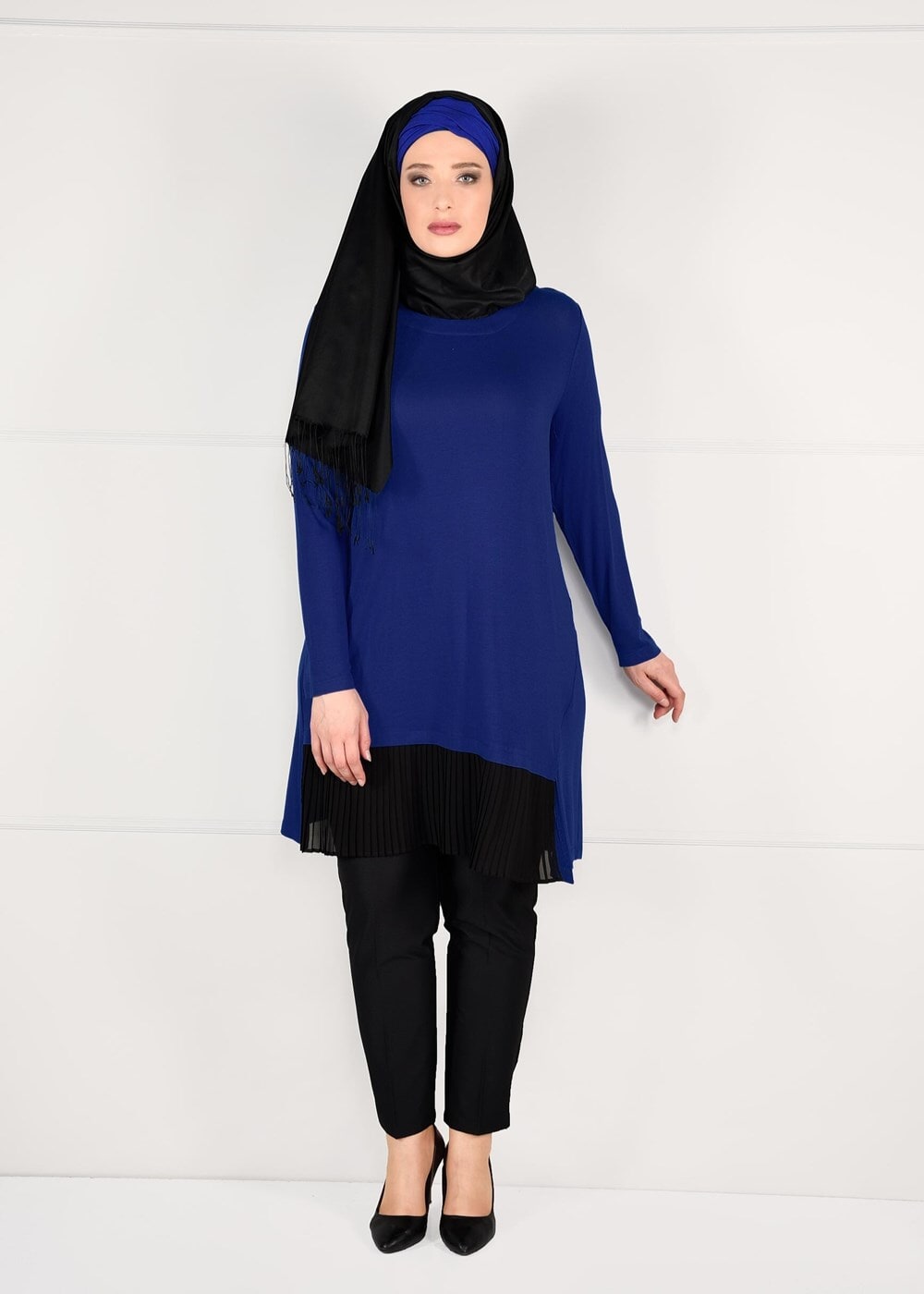 Tesettür giyim LACİVERT ŞİFON PİLİSE DETAYLI ÖRME TUNİK 2627