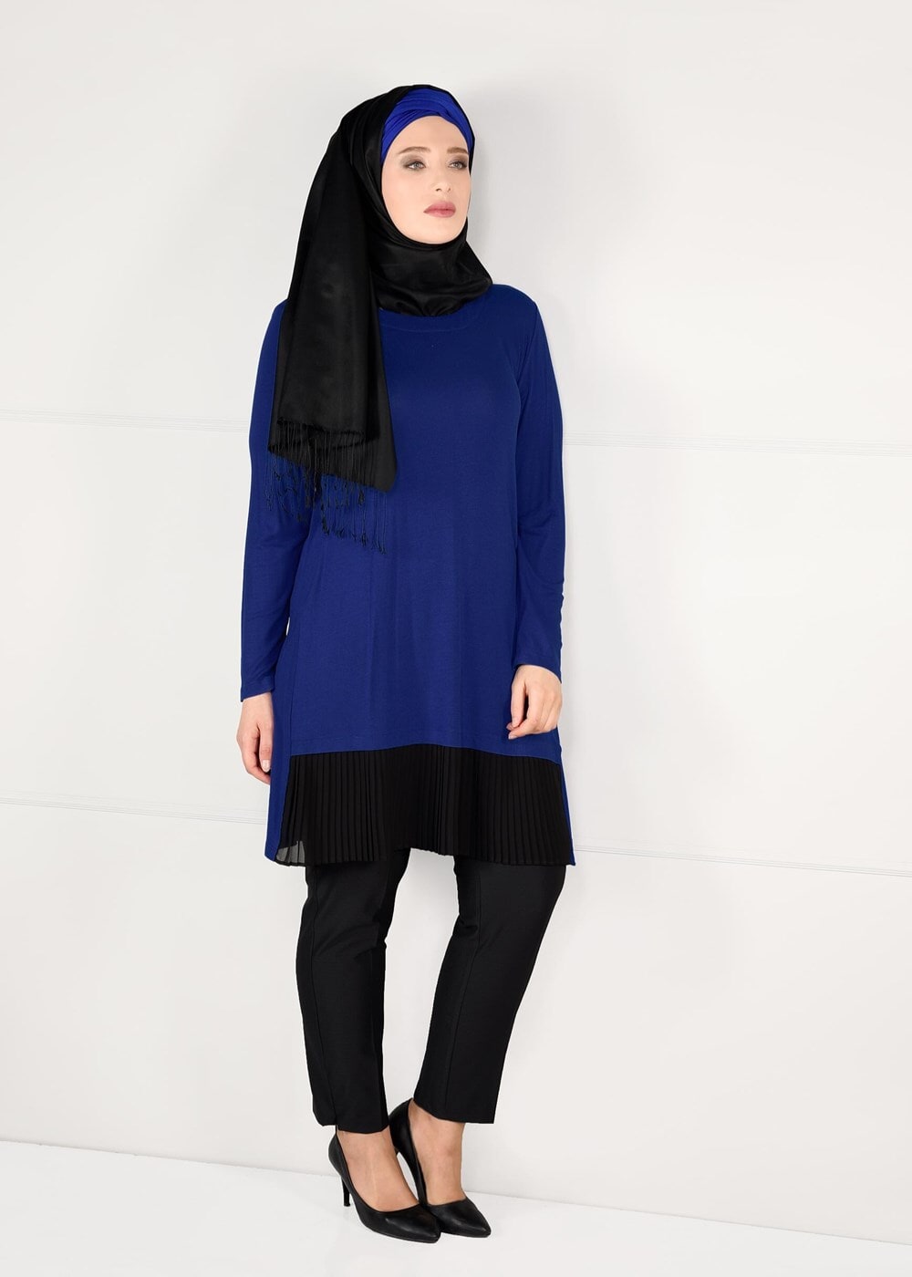 Tesettür giyim LACİVERT ŞİFON PİLİSE DETAYLI ÖRME TUNİK 2627