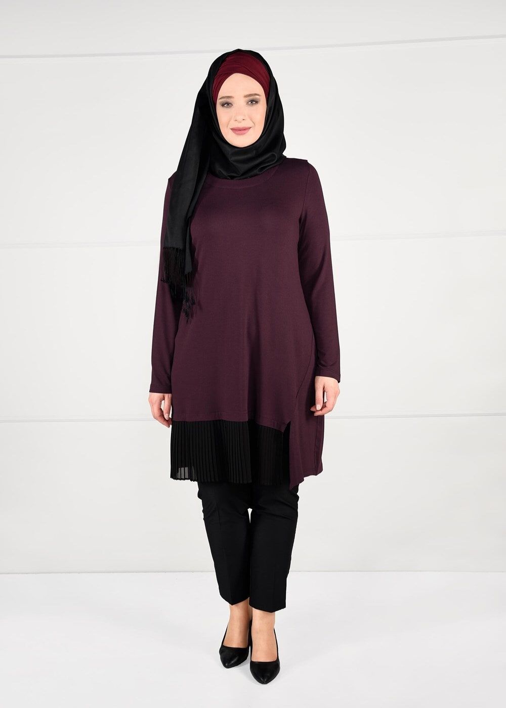 Tesettür giyim BORDO ŞİFON PİLİSE DETAYLI ÖRME TUNİK 2627