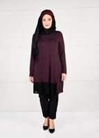 Tesettür giyim BORDO ŞİFON PİLİSE DETAYLI ÖRME TUNİK 2627