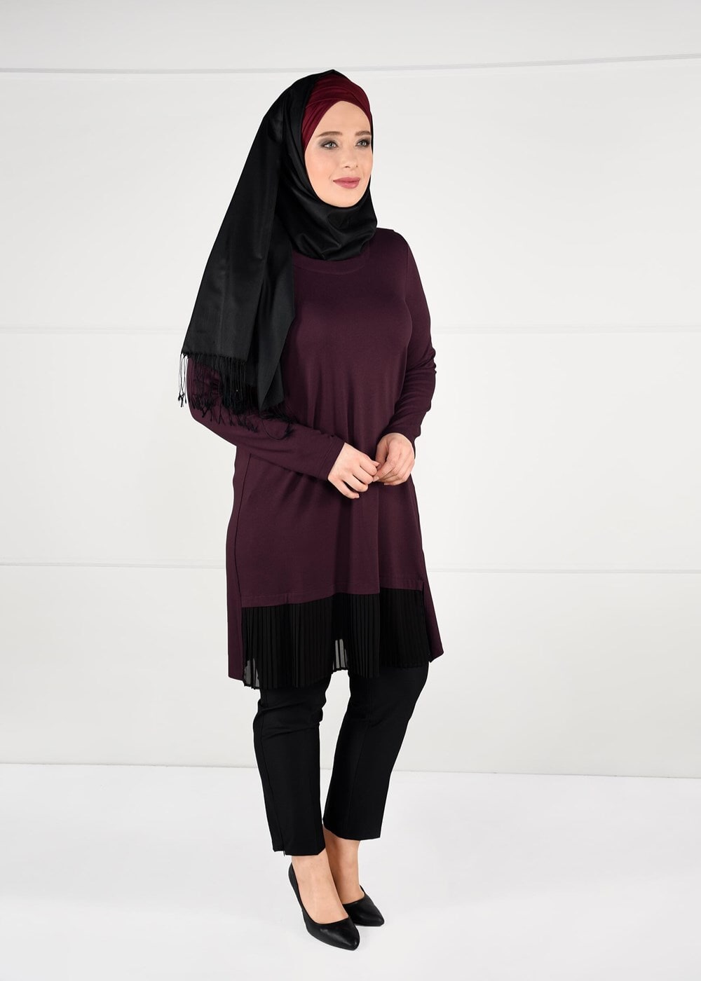 Tesettür giyim BORDO ŞİFON PİLİSE DETAYLI ÖRME TUNİK 2627