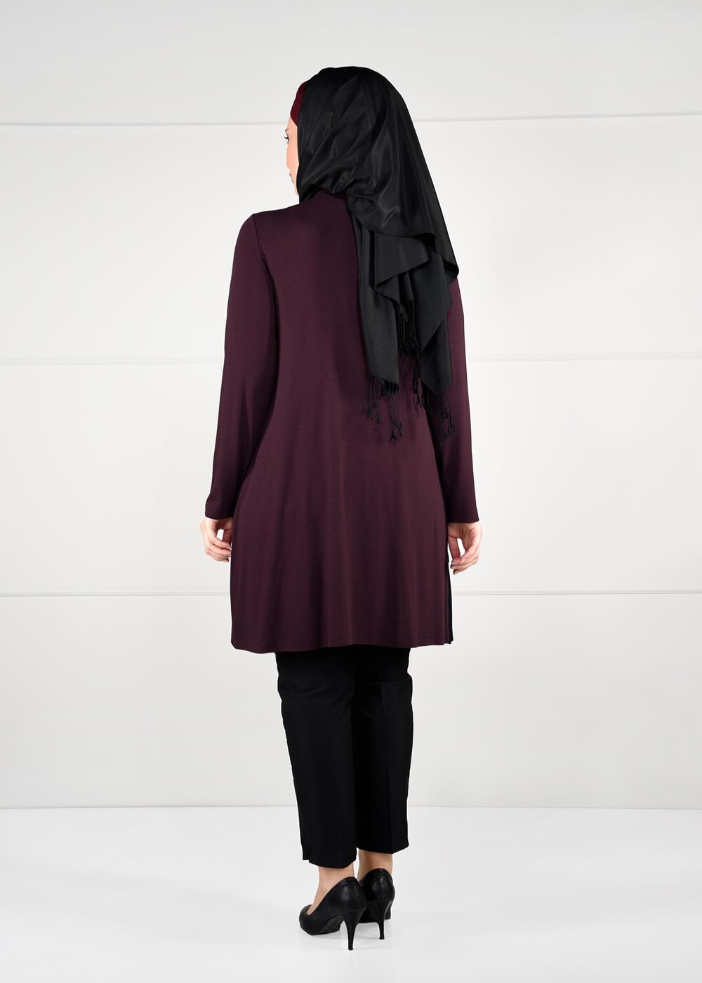 Tesettür giyim BORDO ŞİFON PİLİSE DETAYLI ÖRME TUNİK 2627