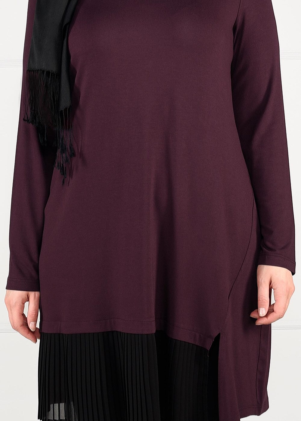 Tesettür giyim BORDO ŞİFON PİLİSE DETAYLI ÖRME TUNİK 2627