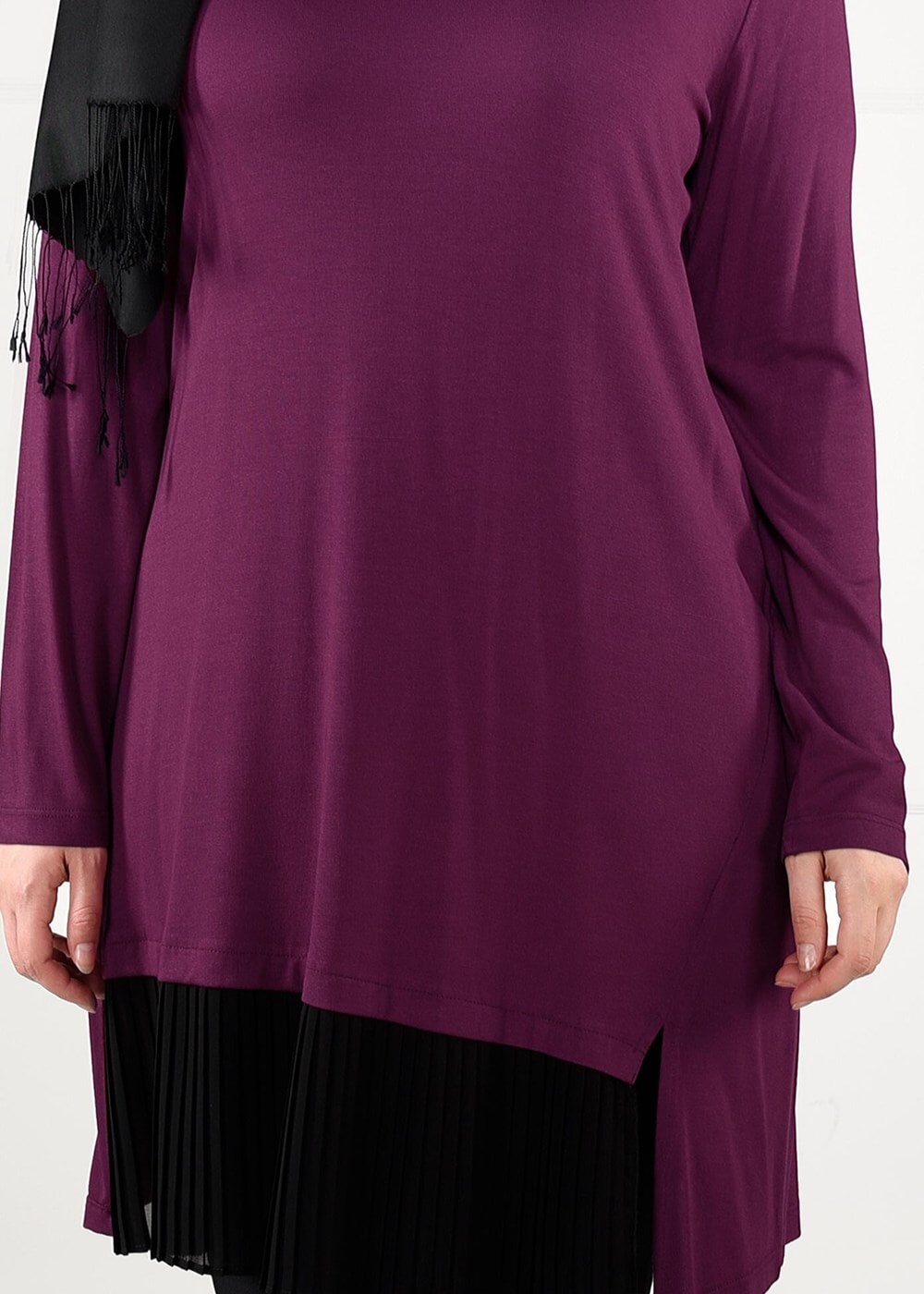 Tesettür giyim MOR ŞİFON PİLİSE DETAYLI ÖRME TUNİK 2627