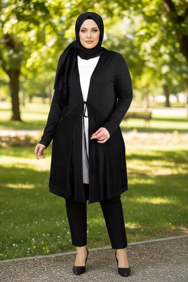 Vêtements hijab NOIR CARDIGAN DÉTAILLÉ À NOUER T 2628 - TRENDTESETTÜR