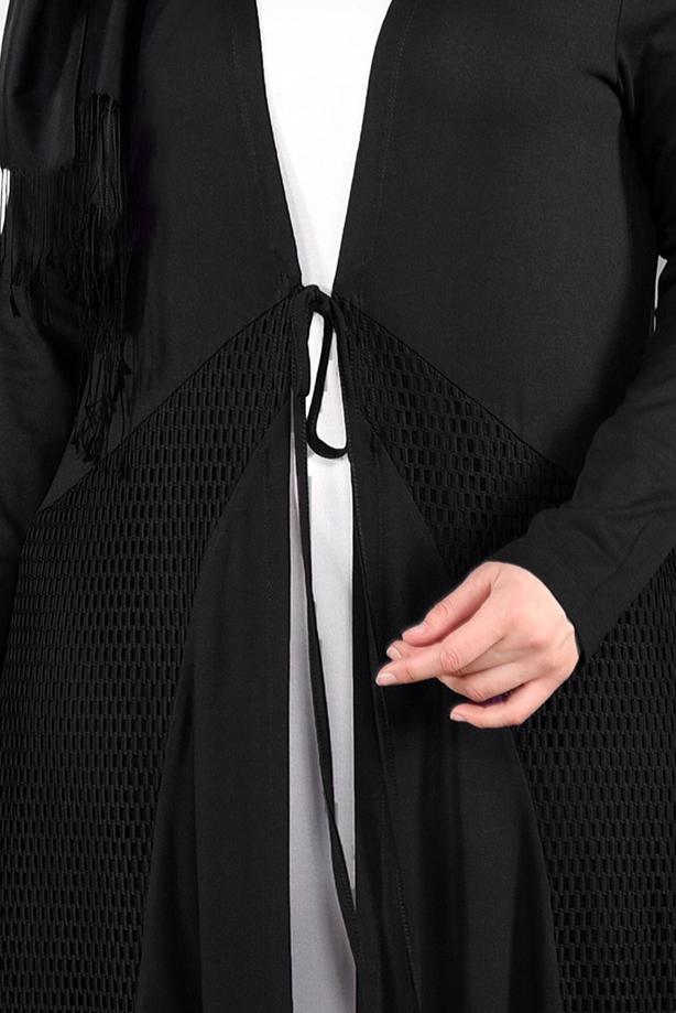 Tesettür giyim SİYAH BELDEN BAĞCIKLI FİLE DETAYLI ÖRME HIRKA 2628 - TRENDTESETTÜR