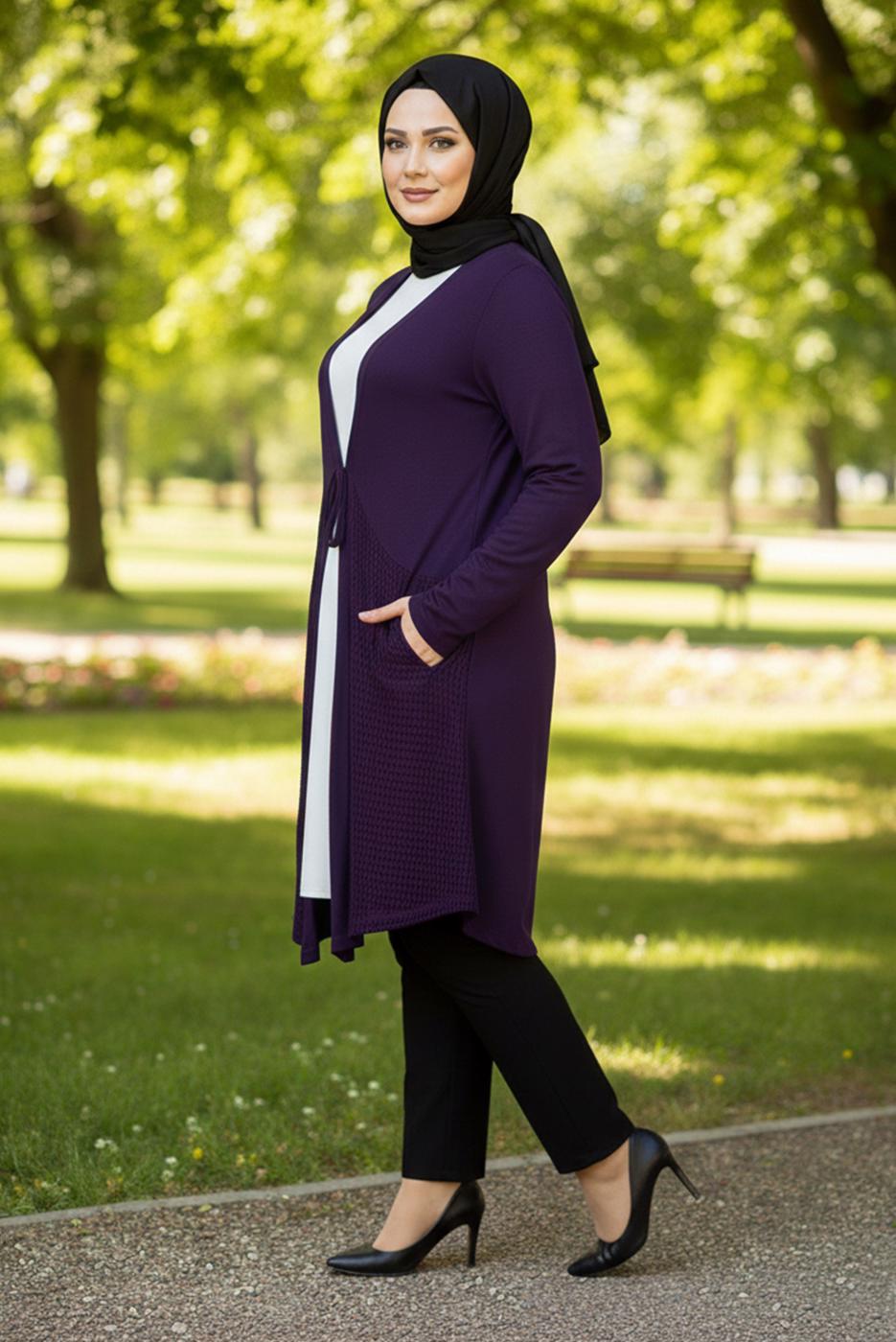 Vêtements hijab POURPRE CARDIGAN DÉTAILLÉ À NOUER T 2628