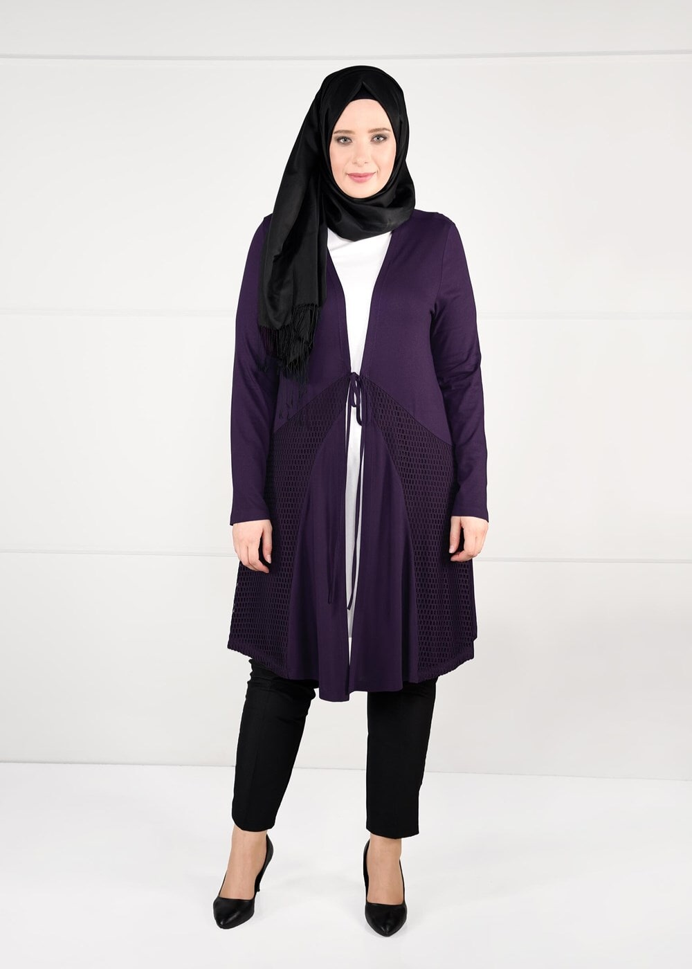 Tesettür giyim MOR BELDEN BAĞCIKLI FİLE DETAYLI ÖRME HIRKA 2628
