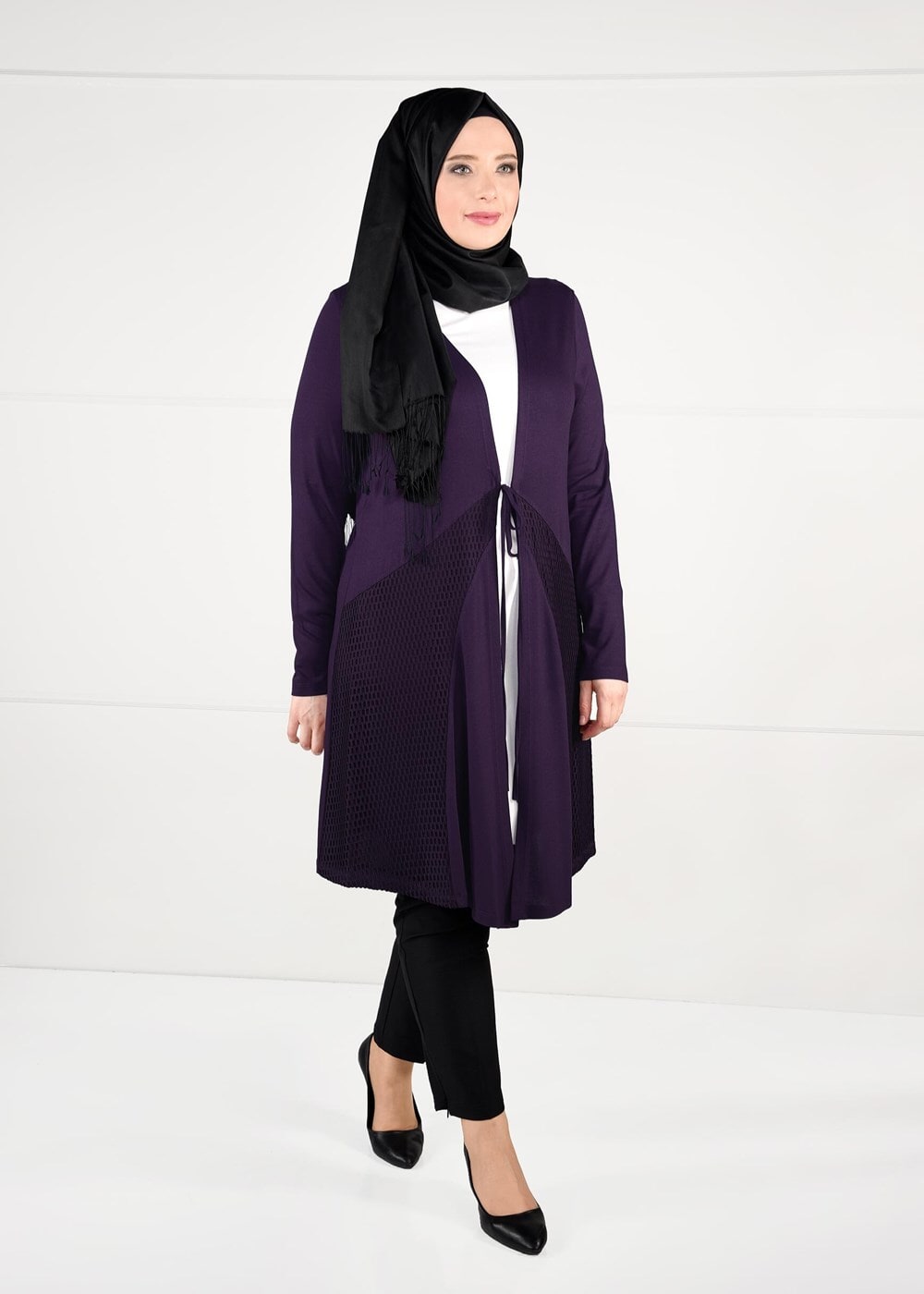 Tesettür giyim MOR BELDEN BAĞCIKLI FİLE DETAYLI ÖRME HIRKA 2628