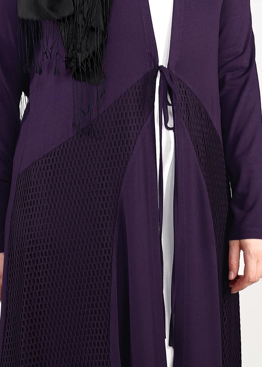 Tesettür giyim MOR BELDEN BAĞCIKLI FİLE DETAYLI ÖRME HIRKA 2628