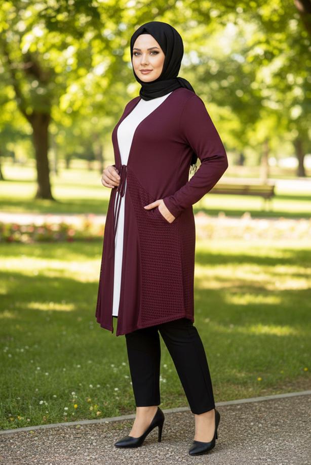 Vêtements hijab ROUGE BORDEAUX CARDIGAN DÉTAILLÉ À NOUER T 2628 - TRENDTESETTÜR