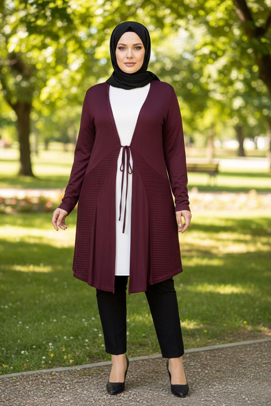 Tesettür giyim BORDO BELDEN BAĞCIKLI FİLE DETAYLI ÖRME HIRKA T 2628