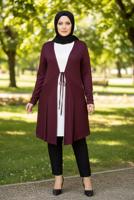 Tesettür giyim BORDO BELDEN BAĞCIKLI FİLE DETAYLI ÖRME HIRKA T 2628