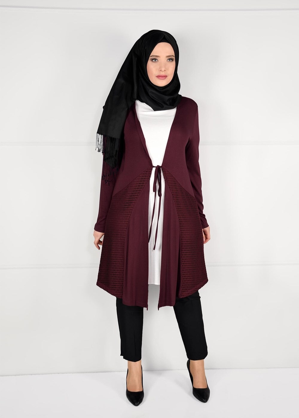 Vêtements hijab ROUGE BORDEAUX CARDIGAN EN TRICOT À TAILLE-NOUÉE  2628