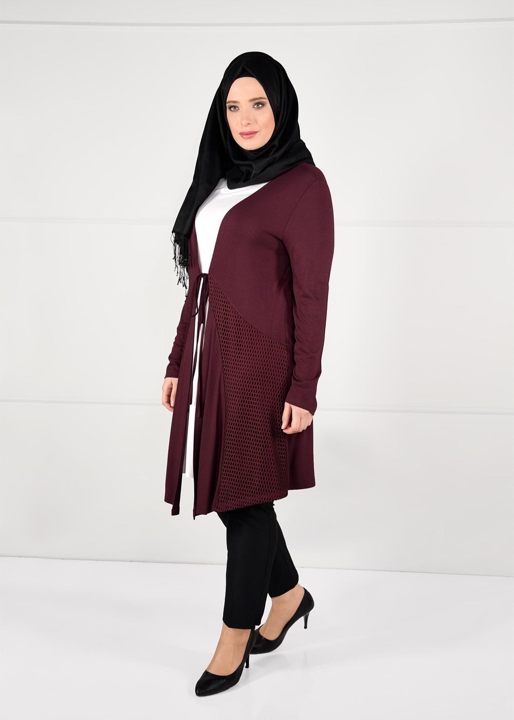 Vêtements hijab ROUGE BORDEAUX CARDIGAN EN TRICOT À TAILLE-NOUÉE  2628