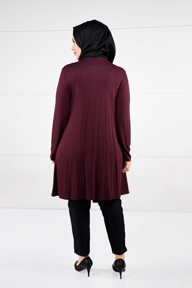 Tesettür giyim BORDO BELDEN BAĞCIKLI FİLE DETAYLI ÖRME HIRKA 2628 - TRENDTESETTÜR
