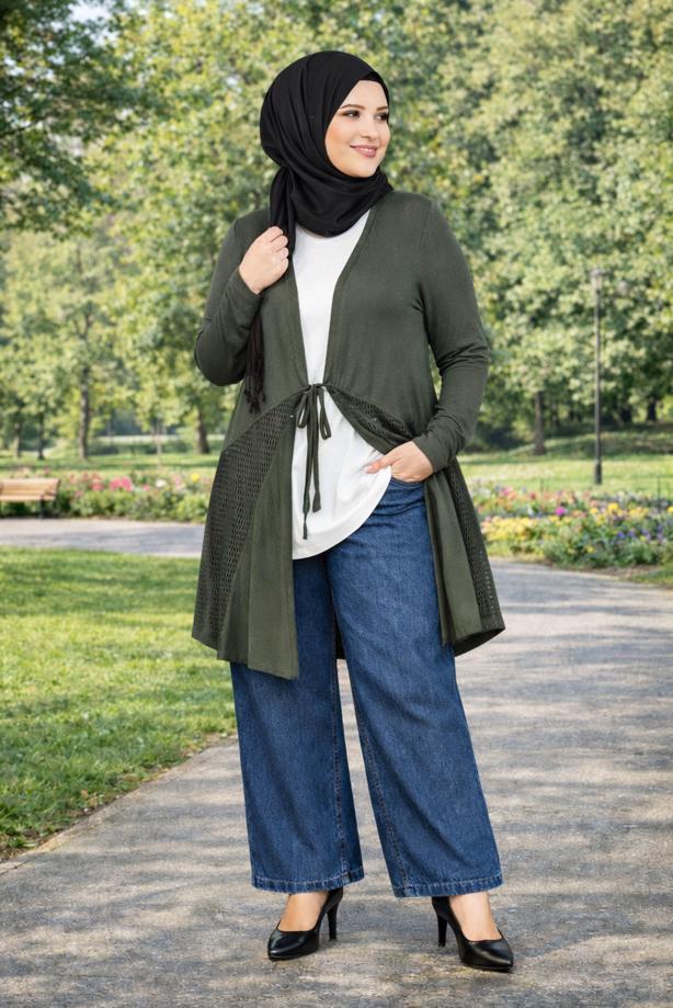 Vêtements hijab KAKI CARDIGAN DÉTAILLÉ À NOUER T 2628 - TRENDTESETTÜR