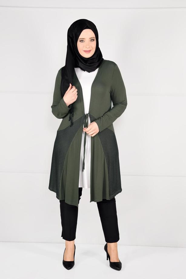 Tesettür giyim HAKİ BELDEN BAĞCIKLI FİLE DETAYLI ÖRME HIRKA 2628 - TRENDTESETTÜR