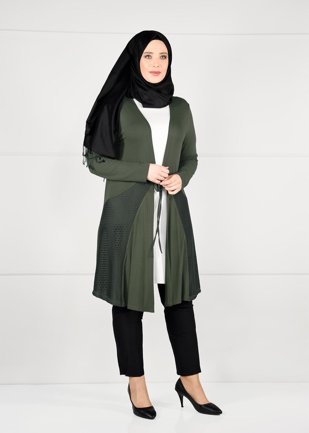 Hijab clothing KHAKI TIE-FRONT FISHNET CARDIGAN 2628