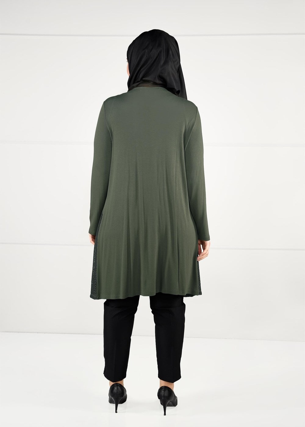 Hijab clothing KHAKI TIE-FRONT FISHNET CARDIGAN 2628